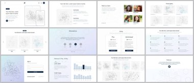 Web sitesi tasarımı, en az sunumları, Portföy için vektör şablonları. UI, Ux, GUI. Üstbilgiler, Pano, iletişim formları, özellikleri, fiyatlandırma, e-ticaret sayfa, blog vb tasarımı. Sosyal ağ kavramı.
