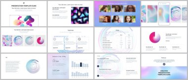 En az sunular, geometrik desenler, degradeler, beyaz sıvı şekilleri ile portföy şablonlar. Broşür kapak vektör tasarımı. El ilanı, broşür, rapor, reklam sunma kaymak.