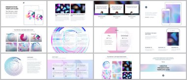 En az sunular, geometrik desenler, degradeler, beyaz sıvı şekilleri ile portföy şablonlar. Broşür kapak vektör tasarımı. El ilanı, broşür, rapor, reklam sunma kaymak.