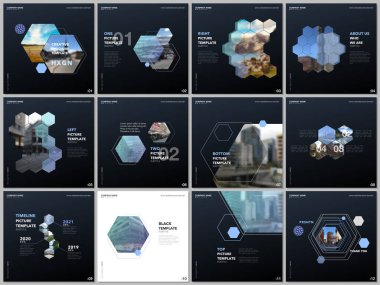 Renkli altıgenler, altıgen şekiller ile minimal broşür şablonları. Kare el ilanı, broşür, sunum, sosyal medya reklamcılığı, çevrimiçi seminer, dijital eğitim için tasarım şablonlarını kapsar.