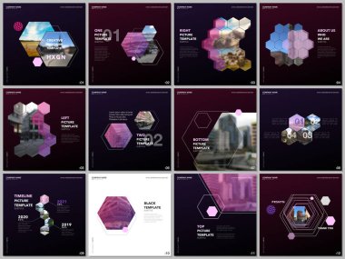 Renkli altıgenler, altıgen şekiller ile minimal broşür şablonları. Kare el ilanı, broşür, sunum, sosyal medya reklamcılığı, çevrimiçi seminer, dijital eğitim için tasarım şablonlarını kapsar.