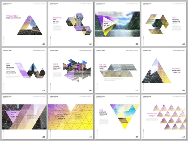 Мінімальні шаблони брошур з трикутним дизайном тла, шаблон стилю трикутника. Обкладинки шаблонів дизайну для квадратних флаєрів, листівок, брошур, звітів, презентацій, реклами, журналу . — стоковий вектор