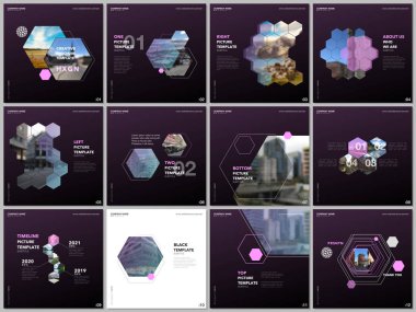 Renkli altıgenler, altıgen şekiller ile minimal broşür şablonları. Kare el ilanı, broşür, sunum, sosyal medya reklamcılığı, çevrimiçi seminer, dijital eğitim için tasarım şablonlarını kapsar.