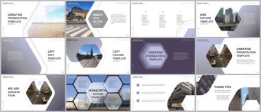 Minimum sunum tasarımı, altıgen tasarım arka planlı portföy vektör şablonları, altıgen biçim. Sunum slaytı, broşür, broşür kapağı için çok amaçlı şablon, rapor.