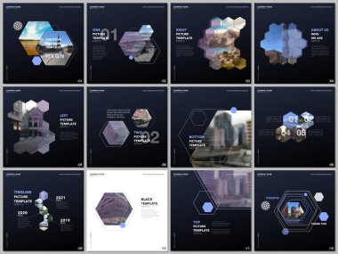 Renkli altıgenler, altıgen şekiller ile minimal broşür şablonları. Kare el ilanı, broşür, sunum, sosyal medya reklamcılığı, çevrimiçi seminer, dijital eğitim için tasarım şablonlarını kapsar.