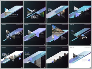 Renkli üçgenleri ve üçgen şekilleri olan minimal broşür şürleri. Kare broşür, broşür, sunum, sosyal medya reklamları, online seminer, dijital eğitim için kapak tasarımı şablonları.