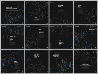 Kare formatın broşürü kare broşür, broşür tasarımı, rapor ve sunum için tasarım şablonunu kapsar. Tıp, bilim ve teknoloji konsepti için altıgenli Geometrik arkaplan