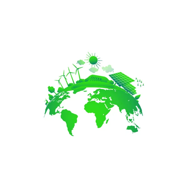Konzept der grünen Erde. Solar- und Windkraft. grüne nachhaltige Energie, ökologische Entwicklungsumgebung, nachhaltiges Entwicklungskonzept. — Stockvektor