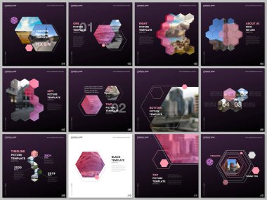 Renkli altıgenler, altıgen şekiller ile minimal broşür şablonları. Kare el ilanı, broşür, sunum, sosyal medya reklamcılığı, çevrimiçi seminer, dijital eğitim için tasarım şablonlarını kapsar.