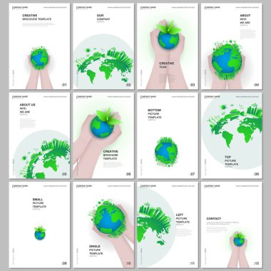 Broşürler, broşürler, broşürler, A4 formatı, broşür tasarımı, rapor, dergi kapağı, kitap tasarımı. Yeşil dünya küresi insanoğlunun elinde. Dünya gezegeni sağlık konsepti
