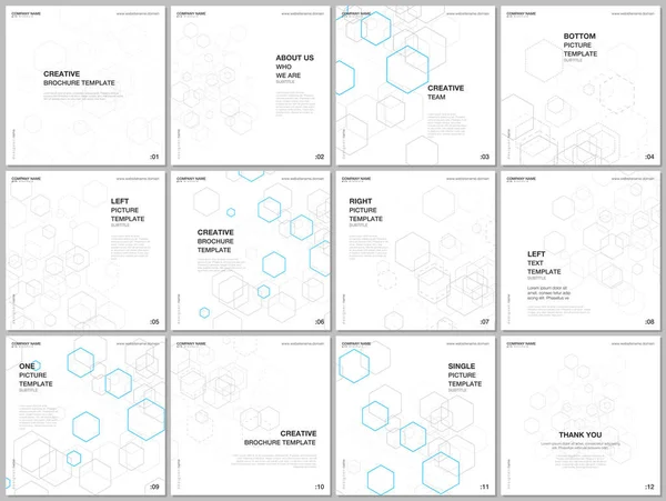 Il layout della brochure del formato quadrato copre il modello di design per il volantino quadrato, il design della brochure, la relazione, la presentazione. Contesto geometrico con esagoni per medicina, scienza e tecnologia — Vettoriale Stock