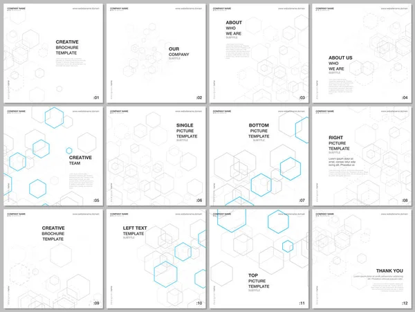 Il layout della brochure del formato quadrato copre il modello di design per il volantino quadrato, il design della brochure, la relazione, la presentazione. Contesto geometrico con esagoni per medicina, scienza e tecnologia — Vettoriale Stock