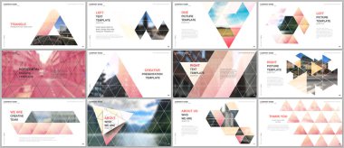 Minimal sunumlar tasarımı, üçgen tasarım arka plan, üçgen stil desen ile portföy vektör şablonları. Sunum slaytı, el ilanı broşürü, broşür kapağı, rapor için çok amaçlı şablon.