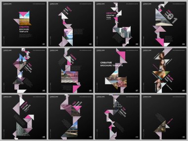 Üçgenleri, üçgen şekilleri ve çokgenleri olan minimal broşürler. Kare broşür, broşür, broşür, rapor, sunum, blog, reklam ve dergi için kapak tasarımı şablonları.