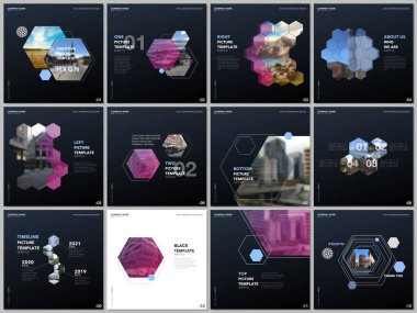 Renkli altıgenler, altıgen şekiller ile minimal broşür şablonları. Kare el ilanı, broşür, sunum, sosyal medya reklamcılığı, çevrimiçi seminer, dijital eğitim için tasarım şablonlarını kapsar.