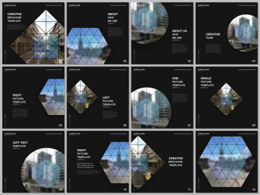 Kare formatın broşürü kare broşür şürleri, broşür tasarımı, rapor, sunum, dergi kapağı için tasarım şablonları kapsıyor. Basit üçgen şekilli soyut geometrik arkaplanlar.