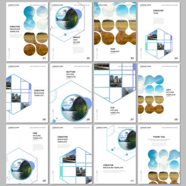 Broşür, broşür, broşür tasarımı, rapor, sunum, dergi kapağı, kitap tasarımı için A4 broşürü. Altıgenli ve fotoğraf için yeri olan soyut akıllı teknoloji tasarımı.
