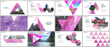 Minimal sunumlar tasarımı, üçgen tasarım arka plan, üçgen stil desen ile portföy vektör şablonları. Sunum slaytı, el ilanı broşürü, broşür kapağı, rapor için çok amaçlı şablon.
