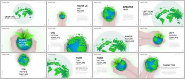 Sunum tasarım vektör şablonları, sunum slaytı, el ilanı, broşür kapağı tasarımı, bilgi grafiği için çok amaçlı şablon. Yeşil dünya küresi insanoğlunun elinde. Dünya gezegeni sağlık konsepti.