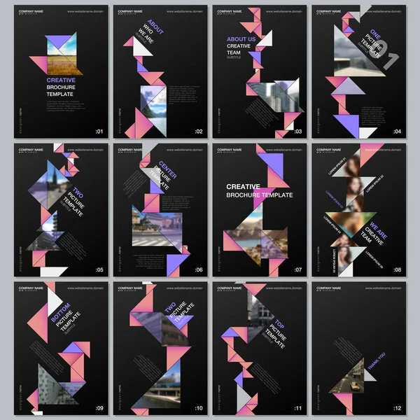 Kreatywne szablony broszur z kolorowym trójkątem origami elementy papieru na czarnym tle. Obejmuje szablony projektów ulotek, ulotek, broszur, raportów, prezentacji, reklam, czasopism. — Wektor stockowy