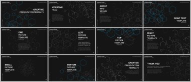 Sunum tasarım vektör şablonları, sunum slaytı, broşür kapağı tasarımı için çok amaçlı şablon. Tıp, teknoloji, kimya ve bilim kavramları için altıgen molekül yapısı.