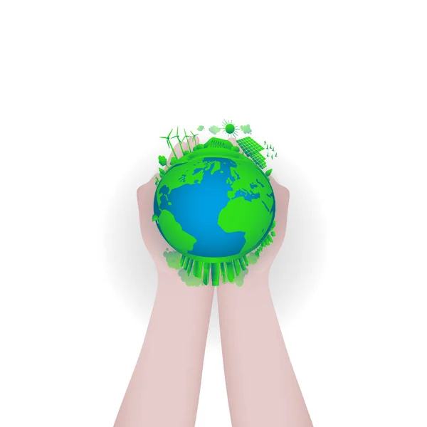 Green Earth Konzeptentwurf. grüne Weltkugel in den Händen des Menschen. Gesundheitskonzept Erde Planet. Umweltschutz. Earth Day Business Design, Vektorillustration. — Stockvektor