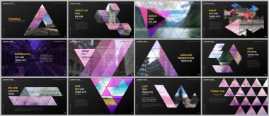 Minimal sunumlar tasarımı, üçgen tasarım arka plan, üçgen stil desen ile portföy vektör şablonları. Sunum slaytı, el ilanı broşürü, broşür kapağı, rapor için çok amaçlı şablon