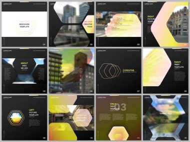 Altıgen dizayn sarı renk desenli minimal broşürler. Kare broşür, broşür, broşür, rapor, sunum, reklam, dergi için kapak tasarımı şablonları.