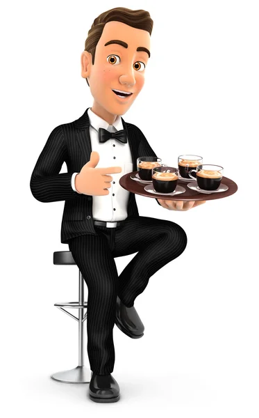 3D servitör sitter på bar stol med koppar kaffe — Stockfoto