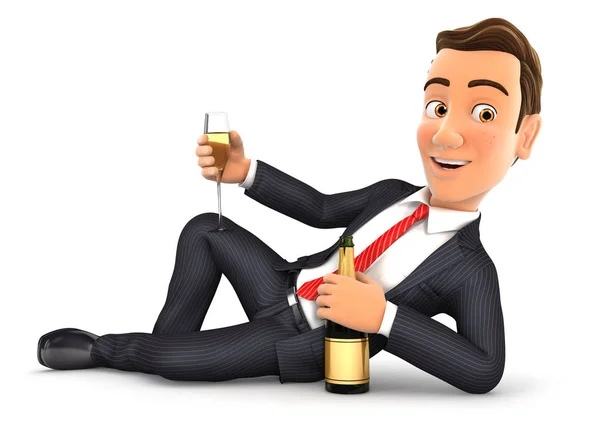 3d hombre de negocios acostado en el suelo con champán — Foto de Stock