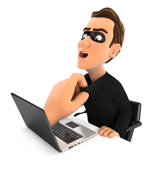 3d большая рука ловит хакера через ноутбук — стоковое фото