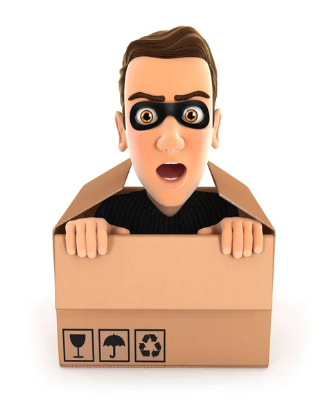 3d thief hiding inside a cardboard box — Stock Photo, Image