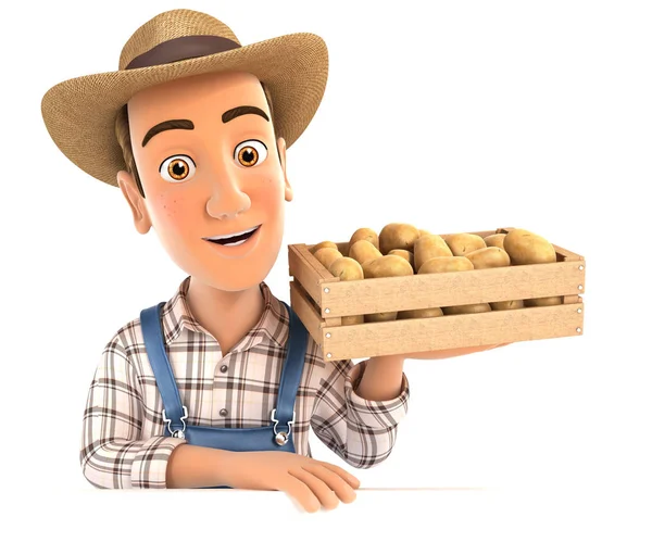 3d farmer holding wooden crate of potatoes — Stock Photo, Image