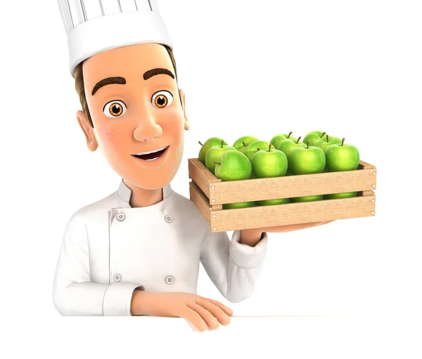 3D-chef-kok houden van houten krat met appels — Stockfoto