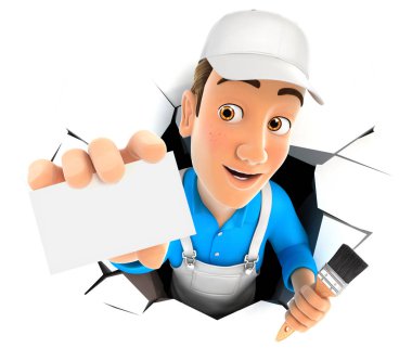 Şirket kartı ile bir duvardan çıkan 3d ressam
