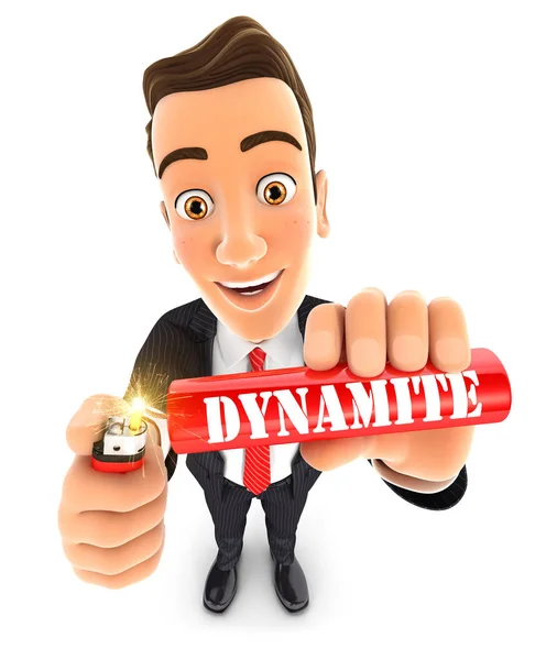 3d businessman lighting a stick of dynamite — Stock Photo, Image