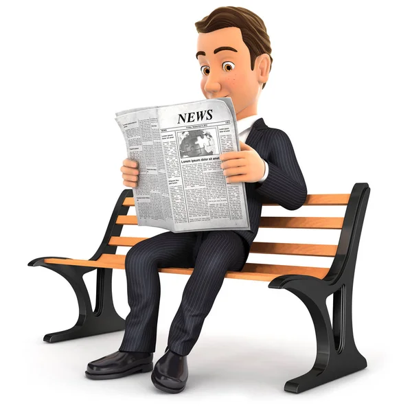 3D zakenman lezen van de krant op openbare bank — Stockfoto