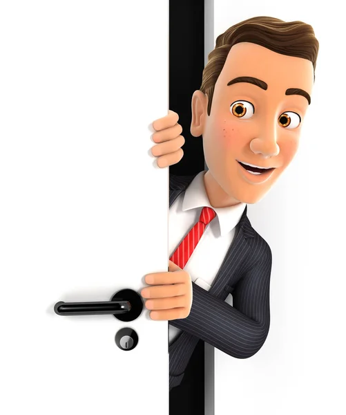 3D zakenman gluren achter een deur — Stockfoto