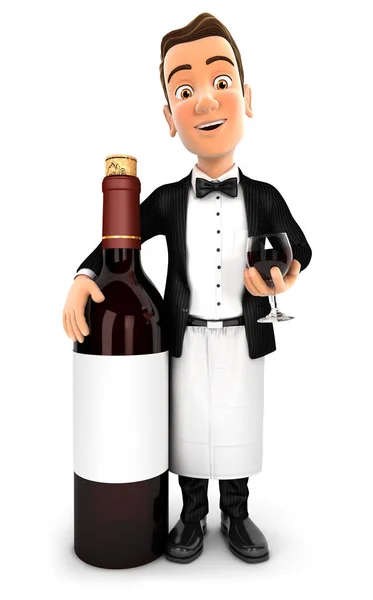 3d waiter standing next to red wine bottle — Stock Photo, Image