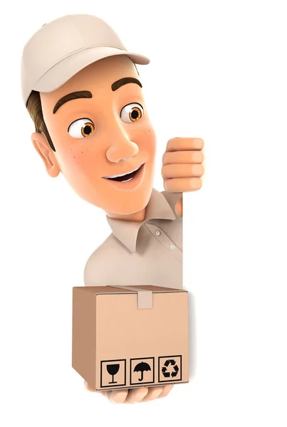 3d delivery man behind left wall and holding package — Stock Photo, Image