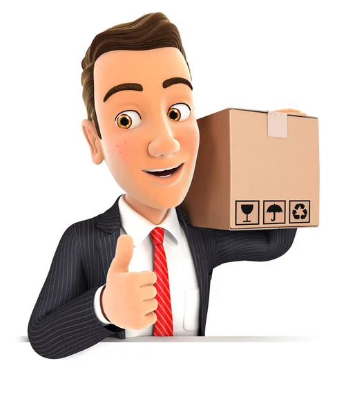 3D-Geschäftsmann trägt Paket mit erhobenem Daumen — Stockfoto