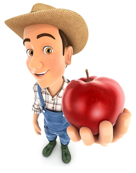 3d agricultor sosteniendo manzana roja —  Fotos de Stock