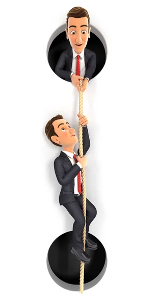 Empresário 3d ajudando colega a subir na corda — Fotografia de Stock