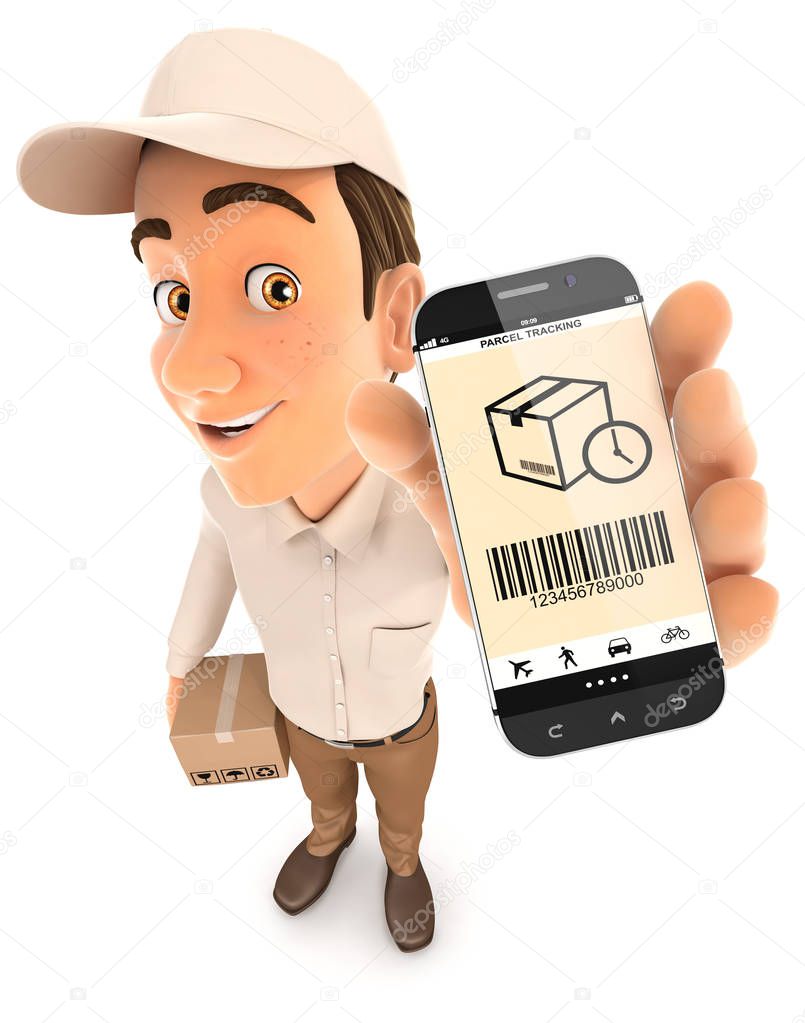 3d delivery man holding smartphone