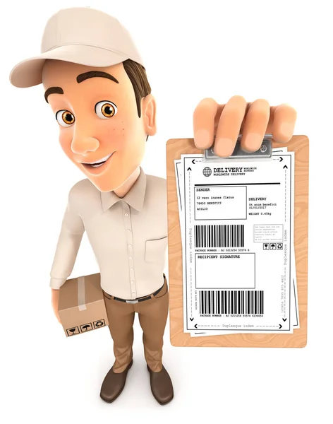 3d delivery man signature request — Stock Photo, Image
