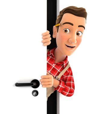 3d ev erkeği bir kapının arkasında bakmak