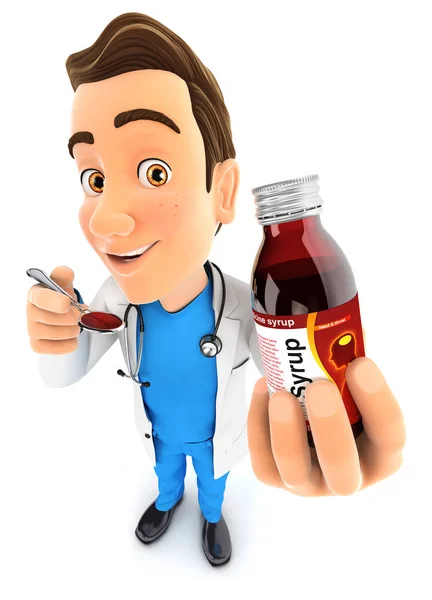 3D doktor drží láhev sirupu a lžíce — Stock fotografie