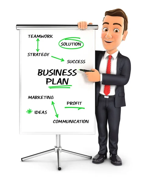 3d businessman writing business plan on paperboard — Stock Photo, Image