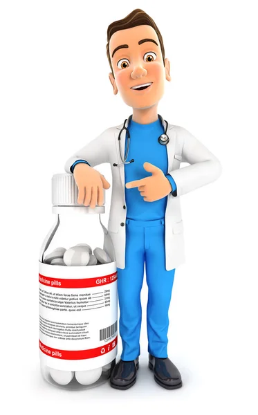 3d doctor standing next to pill bottle — Stock Photo, Image