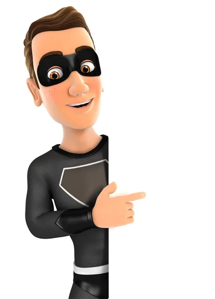 3D Czarny bohater, wskazując na prawo puste ściany — Zdjęcie stockowe